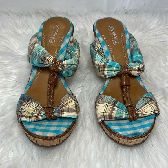 Sperry Topsider Shoreham Plaid T Strap Cork Wedge Sandals Sz 7.5 - Picture 3 of 8